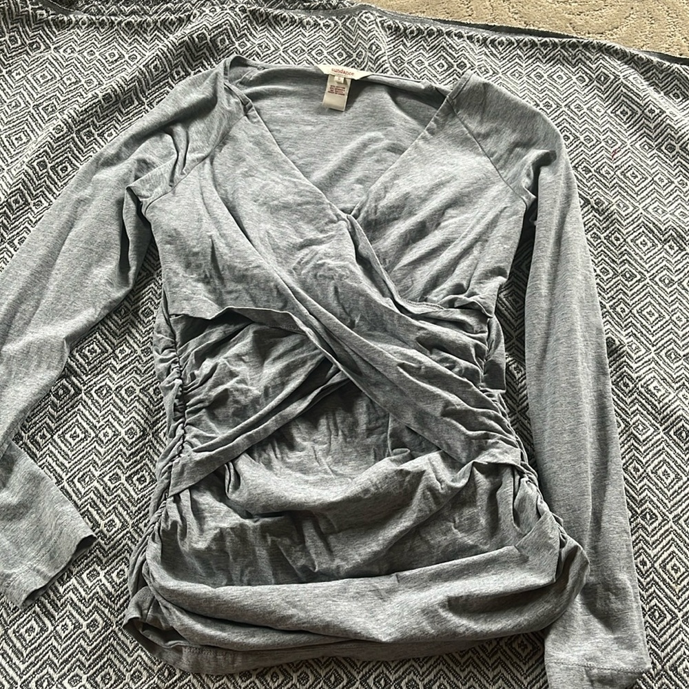 SUNDANCE Catalogue Vanessa, Grey Ruched Faux Wrap Top Stretch Cotton Blend Small